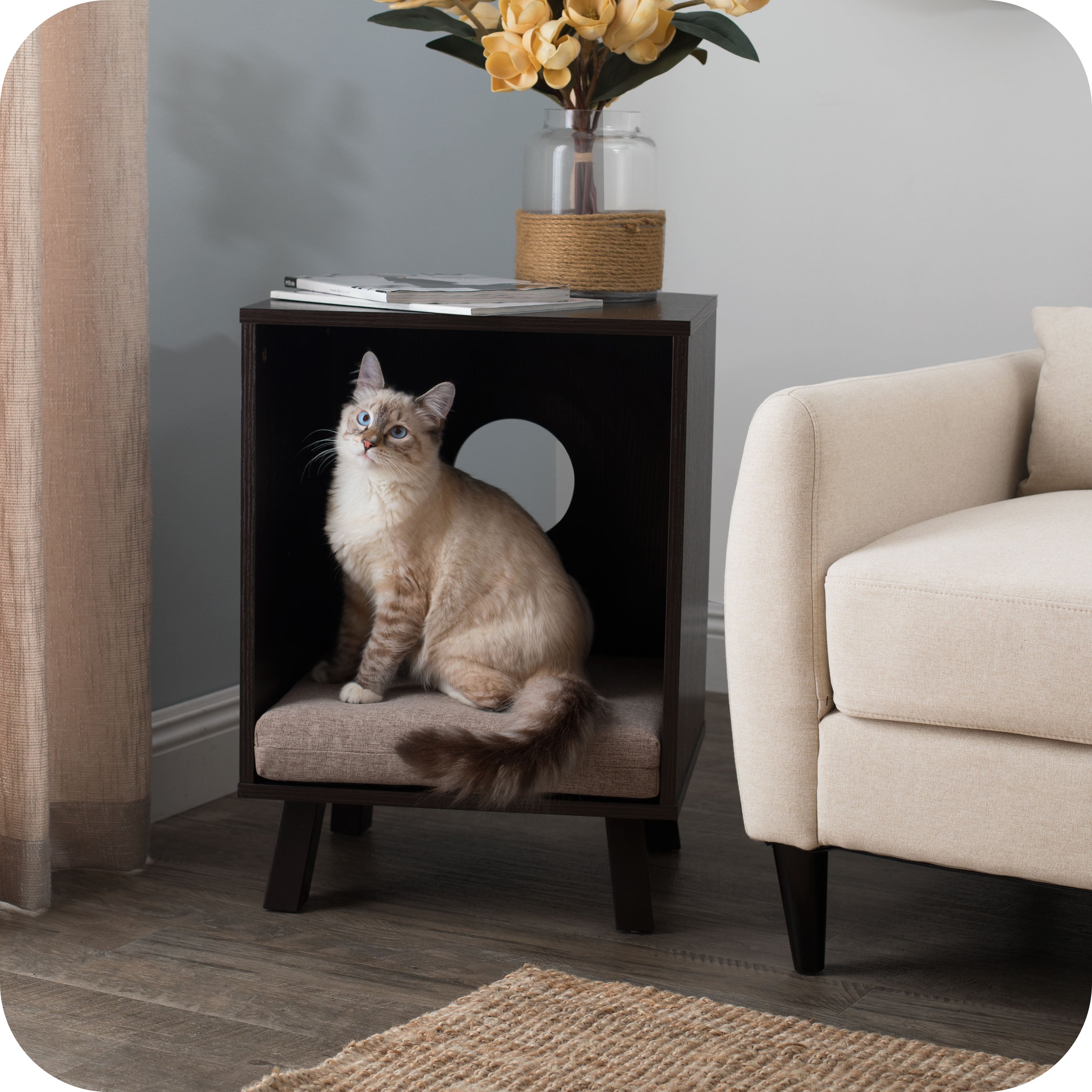 Pet Sofa Bed with Wood, Dual-Purpose End Table for Cat or Dog, Sand 61003