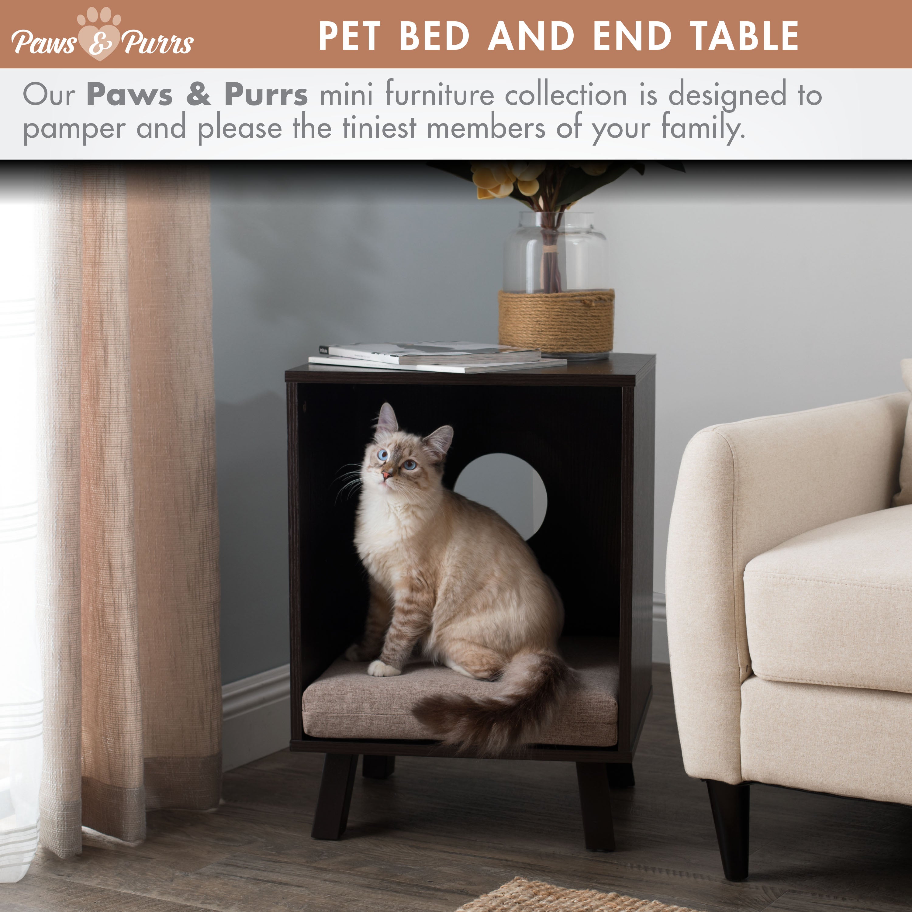 Pet Sofa Bed with Wood, Dual-Purpose End Table for Cat or Dog, Sand 61003