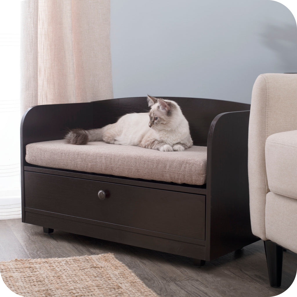 Pet Sofa Bed with Wood, and Storage Drawer for Cat or Dog, Sand 61004
