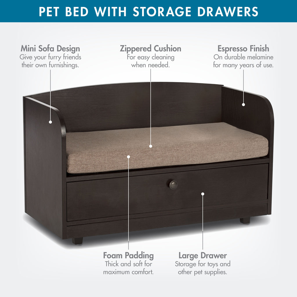 Pet Sofa Bed with Wood, and Storage Drawer for Cat or Dog, Sand 61004