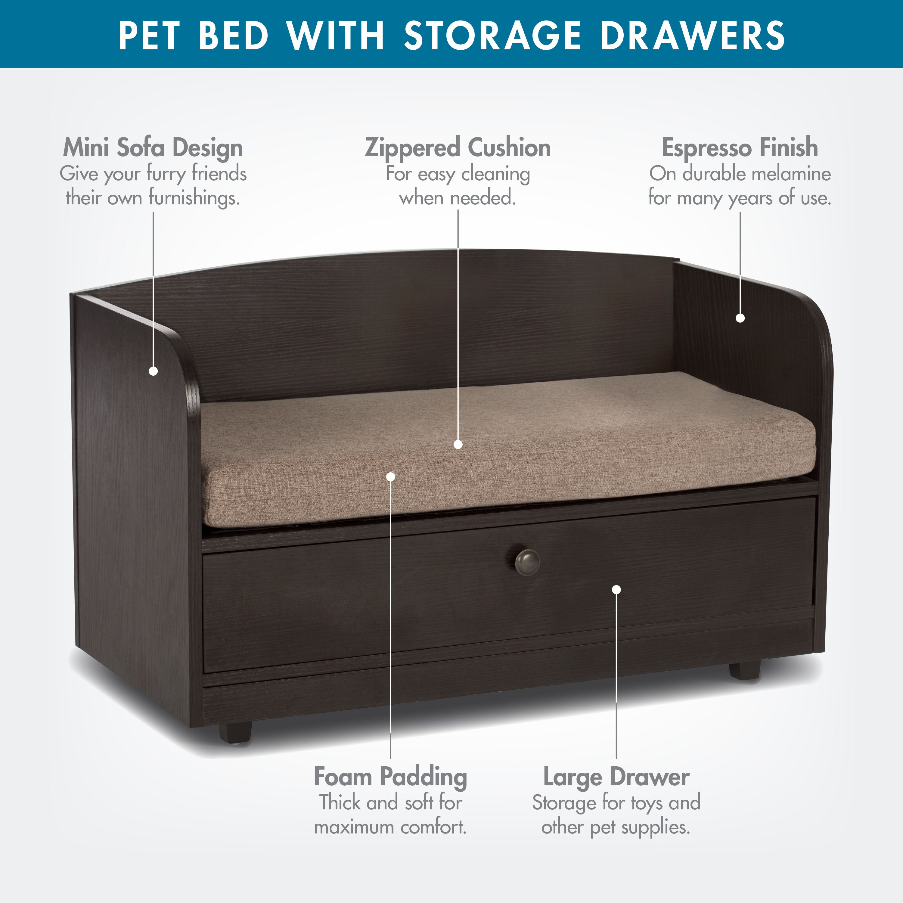 Pet Sofa Bed with Wood, and Storage Drawer for Cat or Dog, Sand 61004