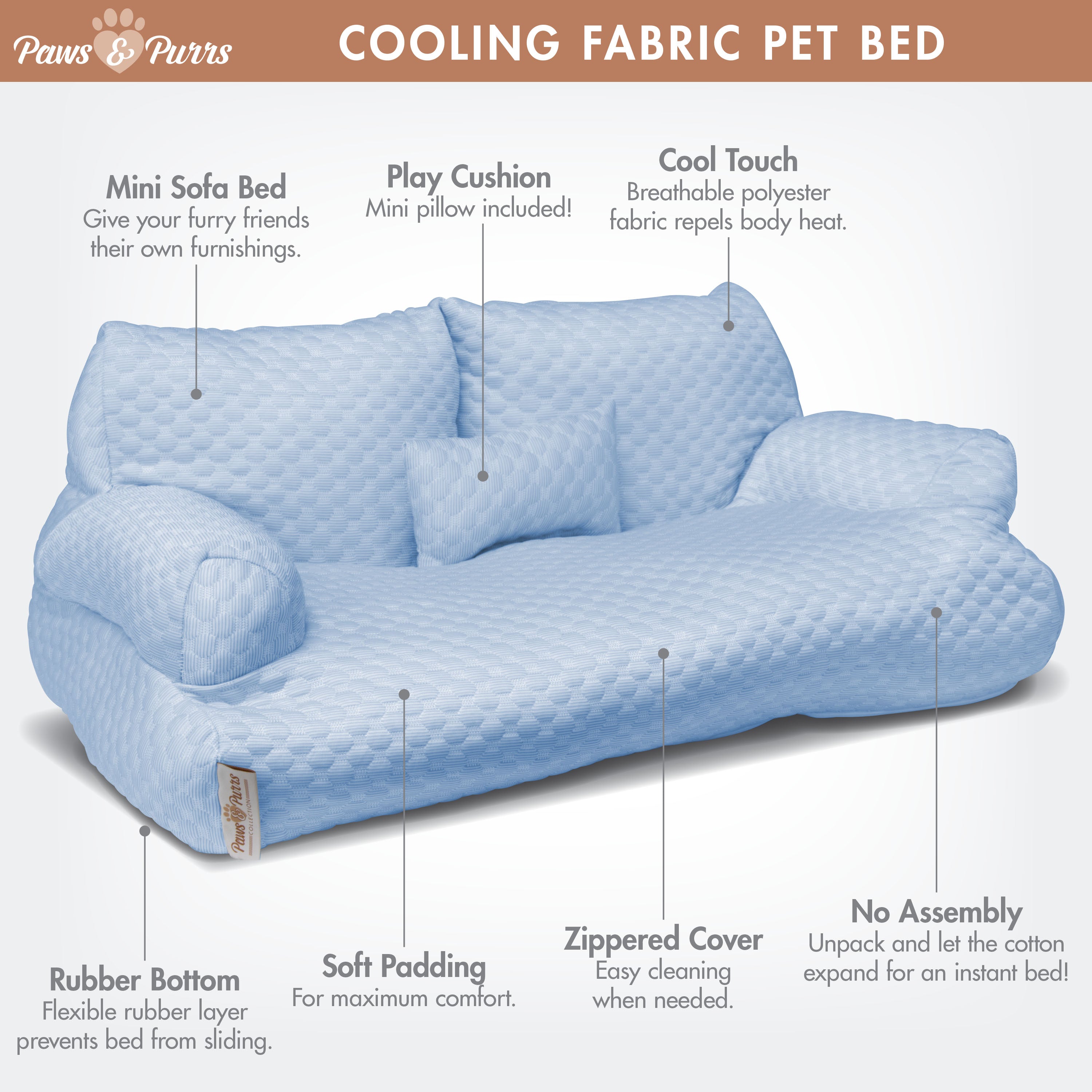 Pet Sofa Bed with Cooling Fabric for Cats and Small or Medium Dogs, Blue 61050