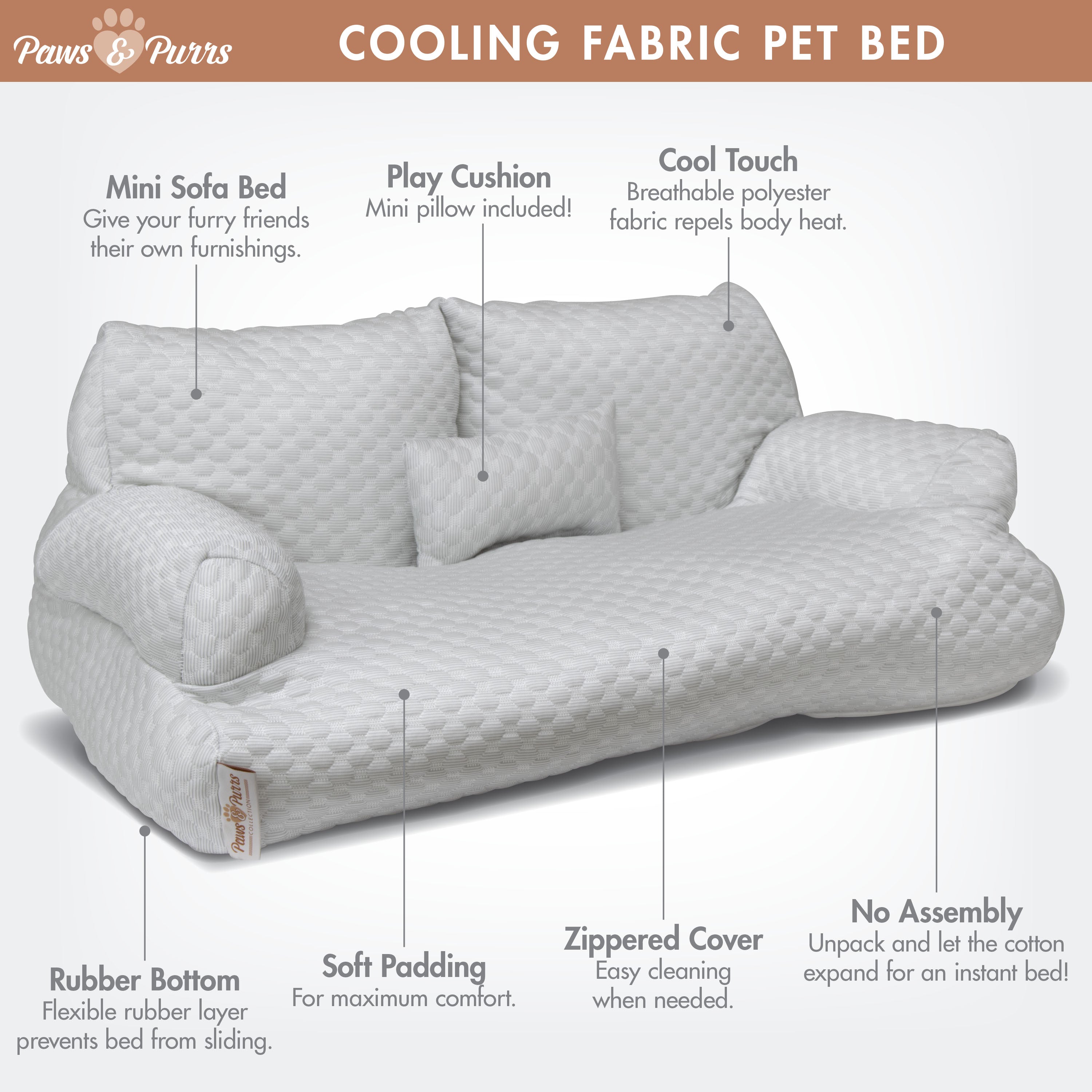 Pet Sofa Bed with Cooling Fabric for Cats and Small or Medium Dogs, Light Gray 61051