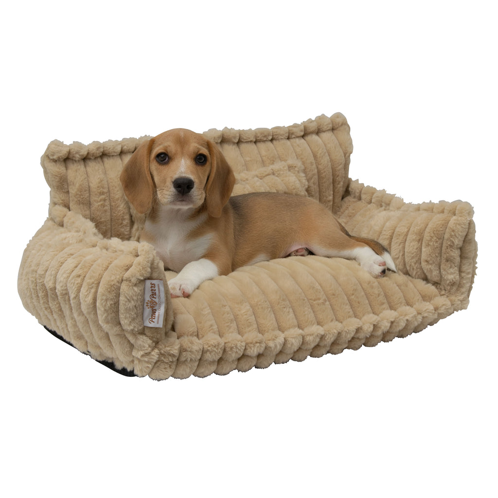 Pet Sofa Bed with Grooved Fabric for Cats and Small to Medium Dogs, Camel