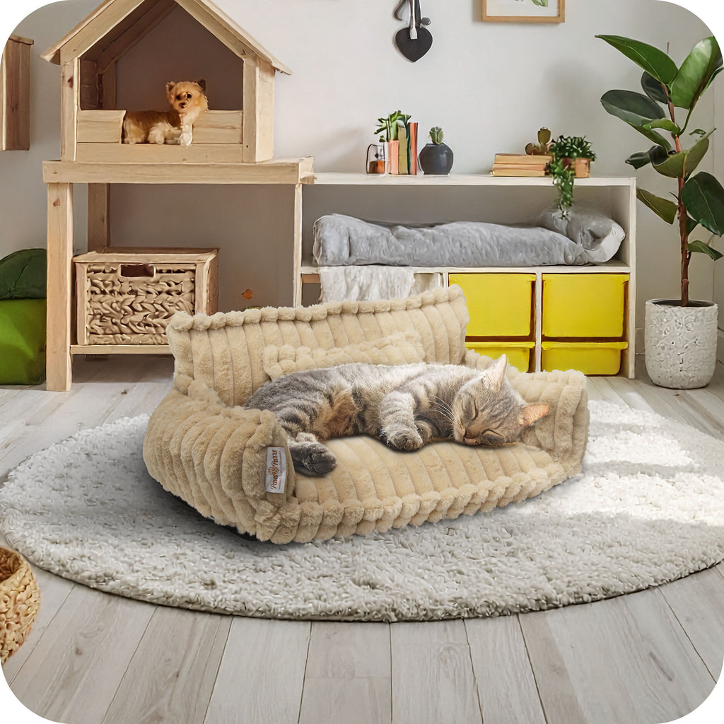 Pet Sofa Bed with Grooved Fabric for Cats and Small to Medium Dogs, Camel