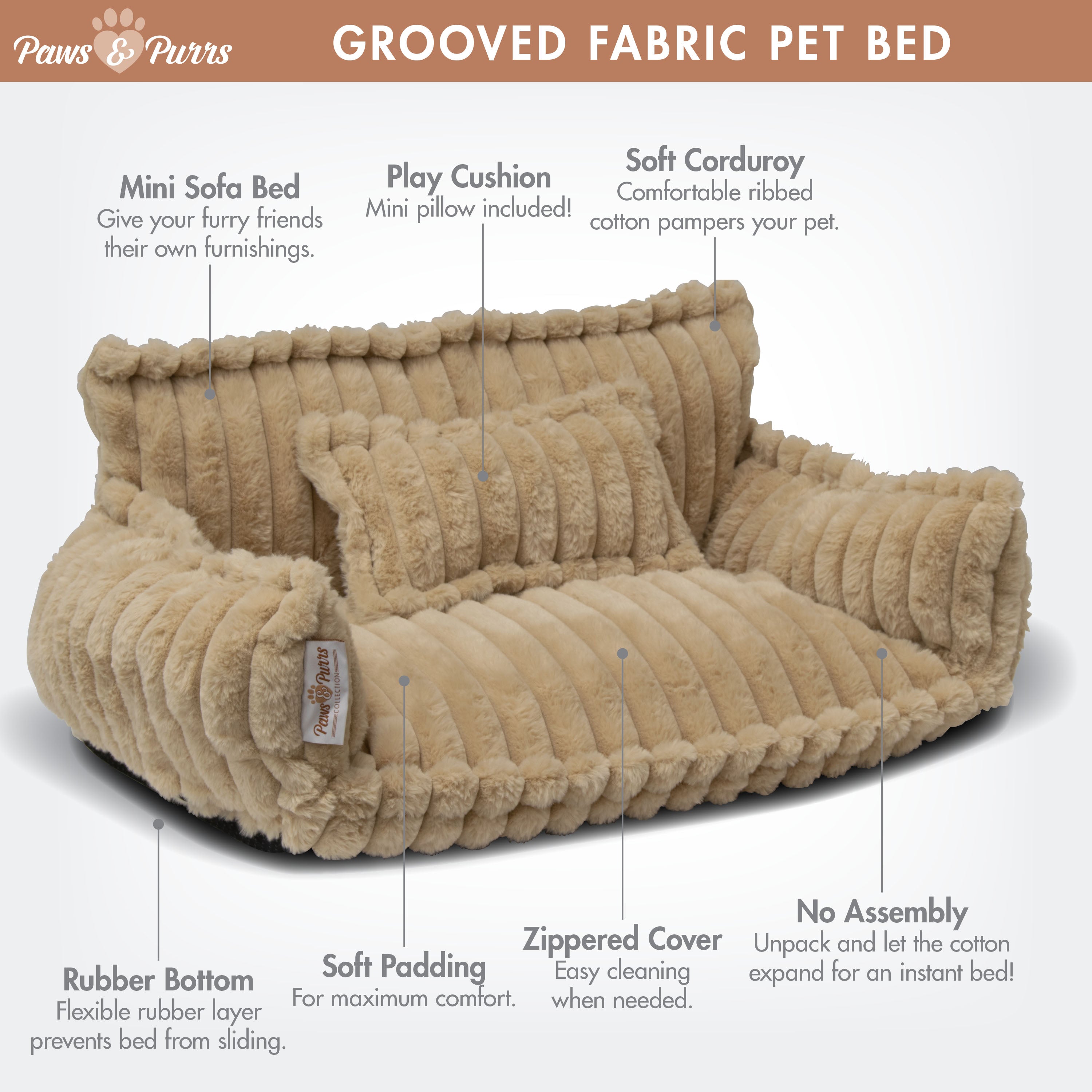 Pet Sofa Bed with Grooved Fabric for Cats and Small to Medium Dogs, Camel 61052