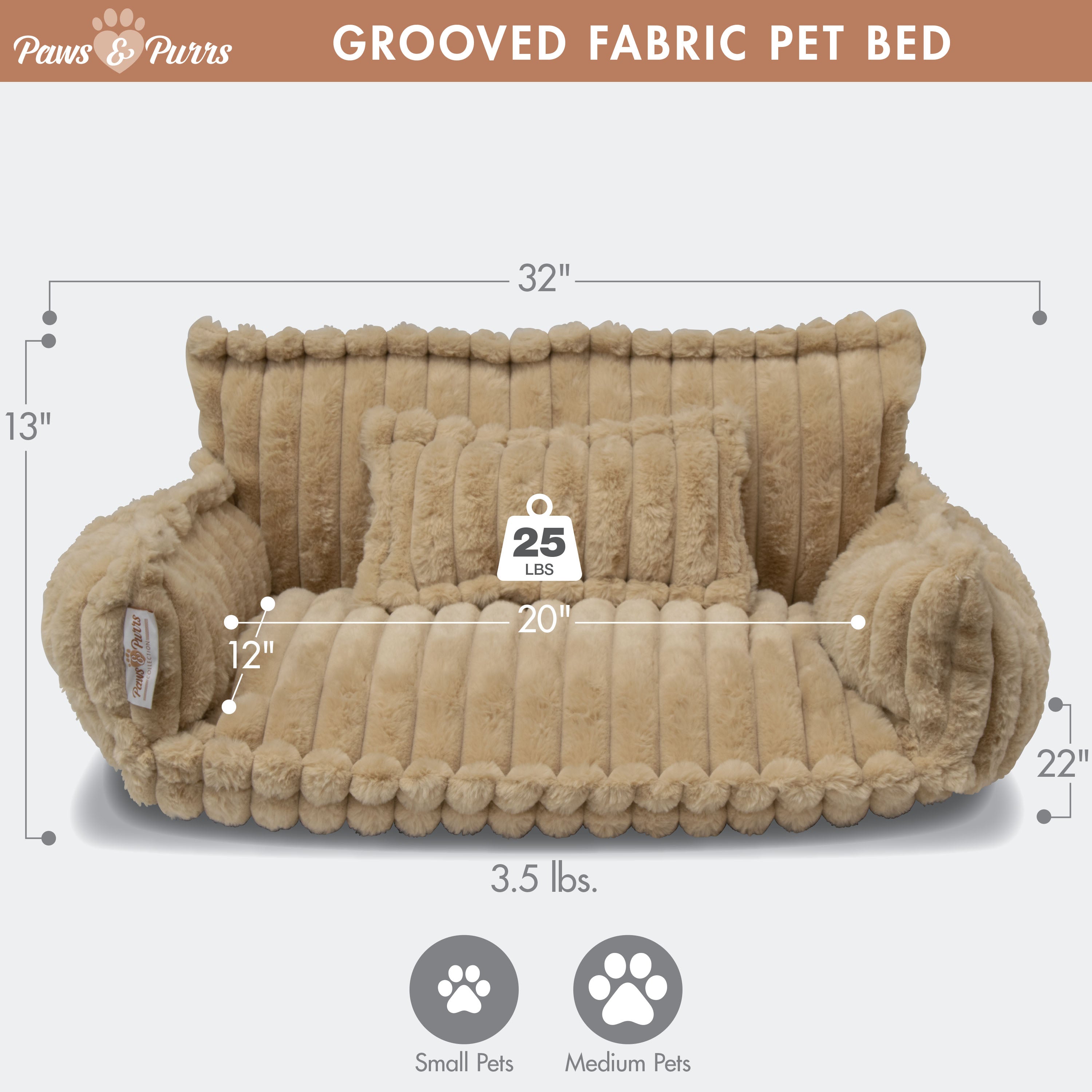 Pet Sofa Bed with Grooved Fabric for Cats and Small to Medium Dogs, Camel 61052