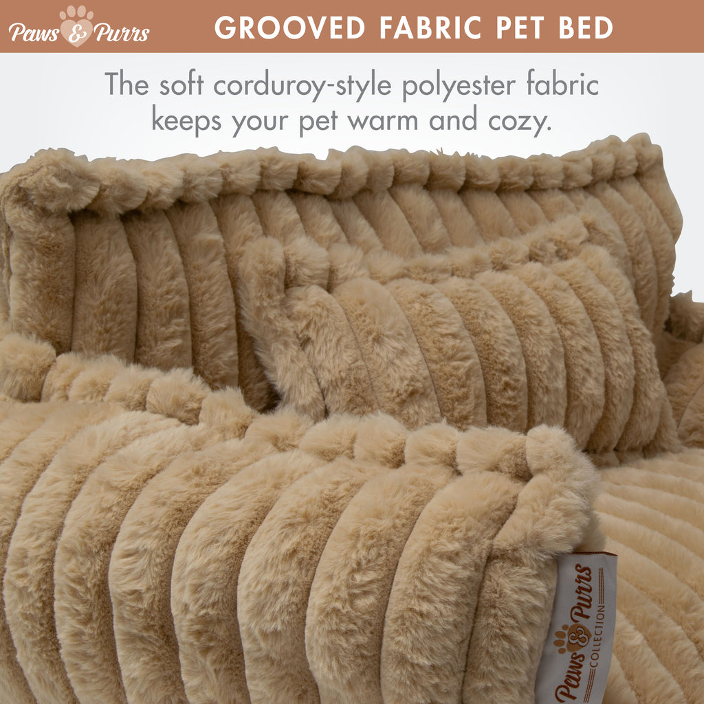 Pet Sofa Bed with Grooved Fabric for Cats and Small to Medium Dogs, Camel