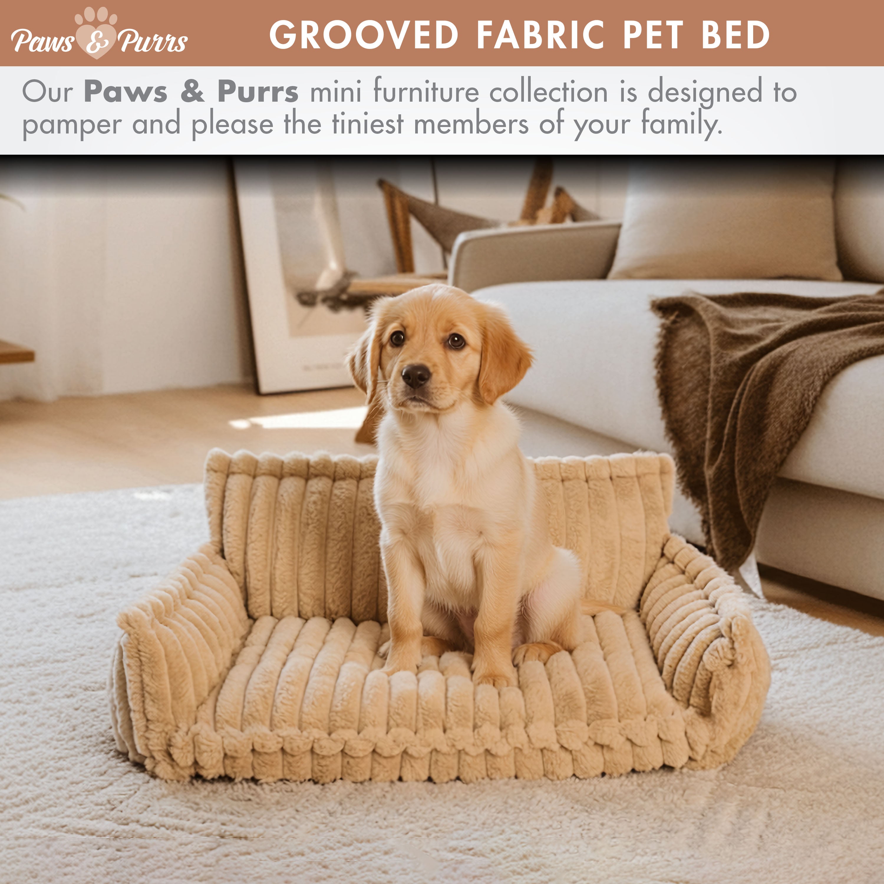 Pet Sofa Bed with Grooved Fabric for Cats and Small to Medium Dogs, Camel