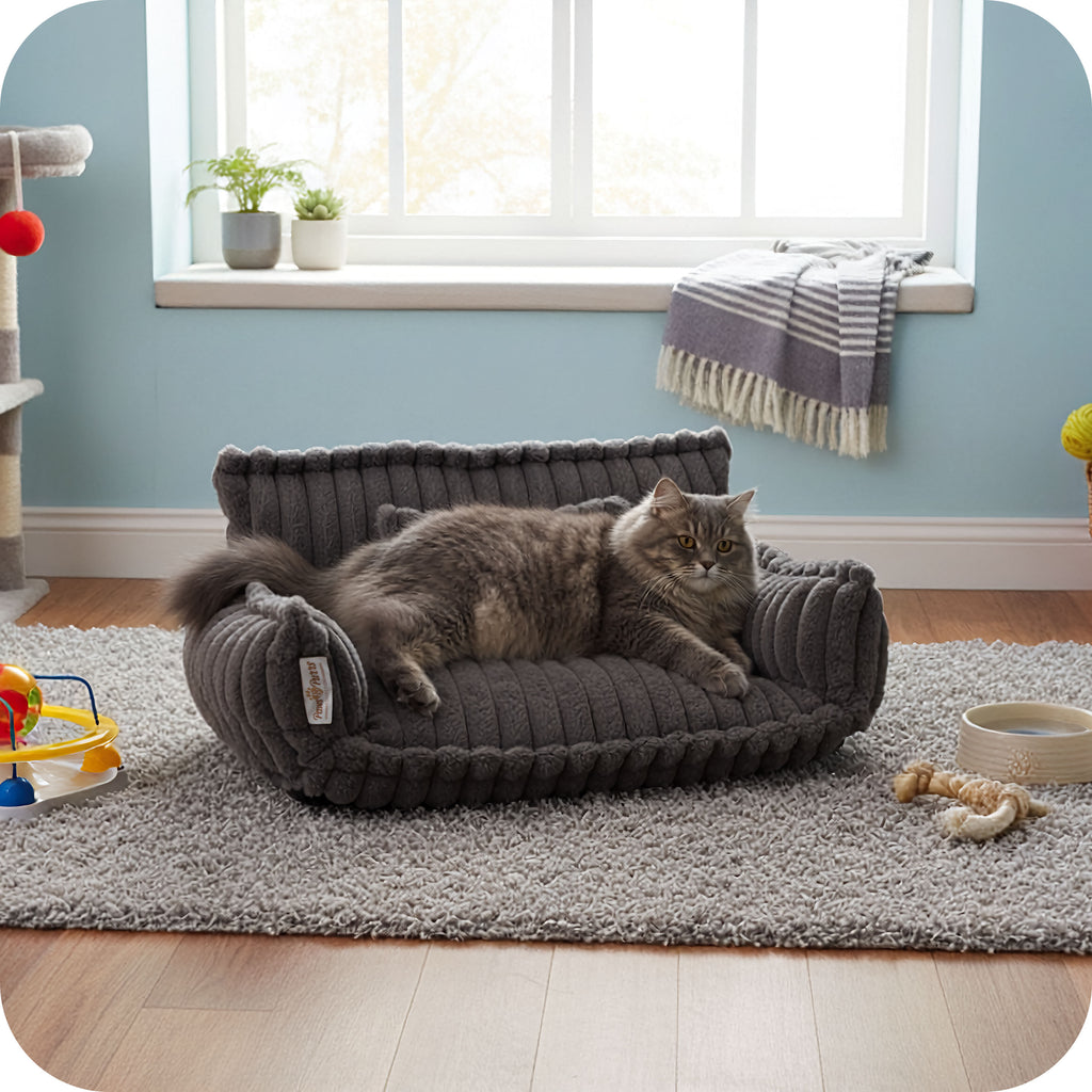 Pet Sofa Bed with Grooved Fabric for Cats and Small to Medium Dogs, Dark Gray