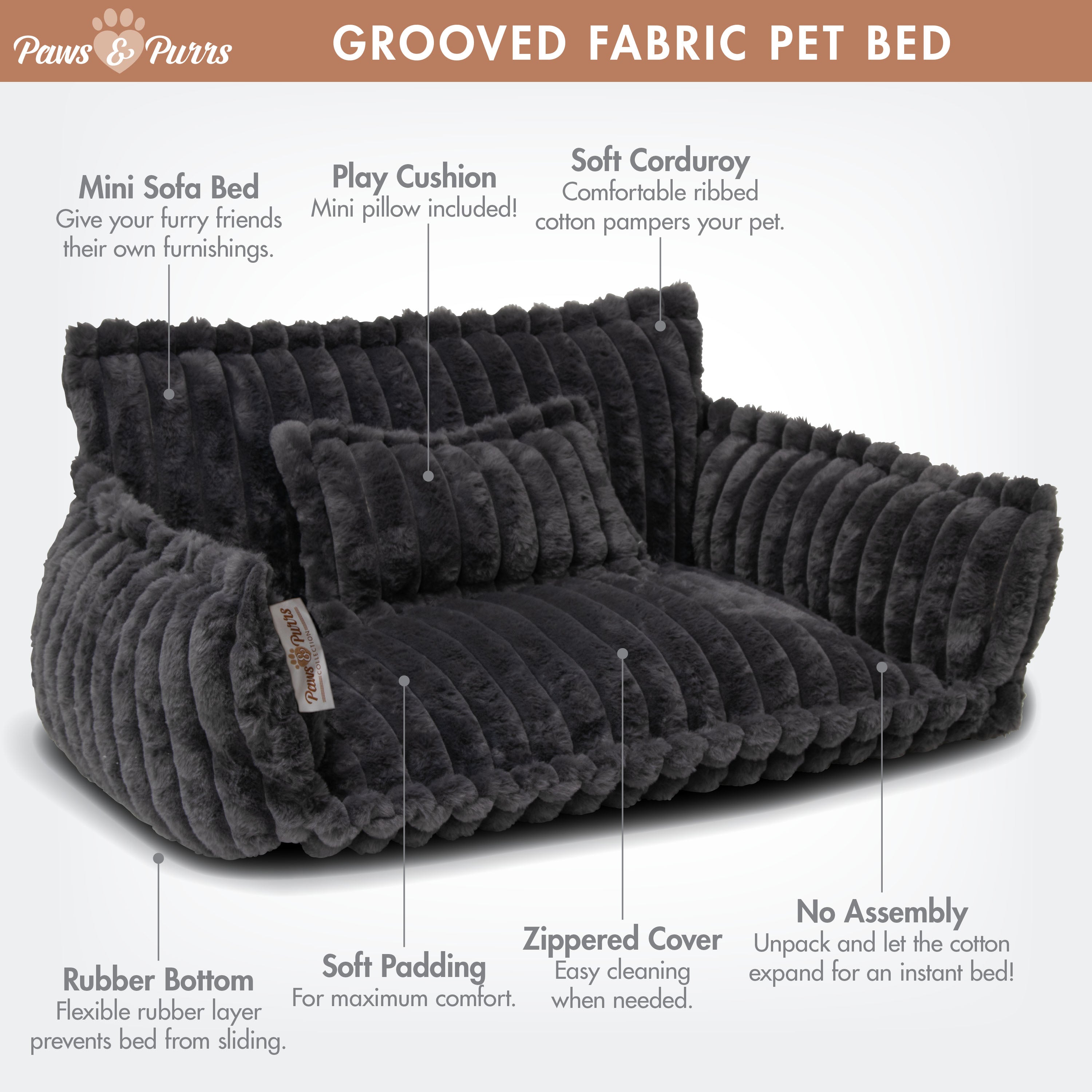 Pet Sofa Bed with Grooved Fabric for Cats and Small to Medium Dogs, Dark Gray 61053