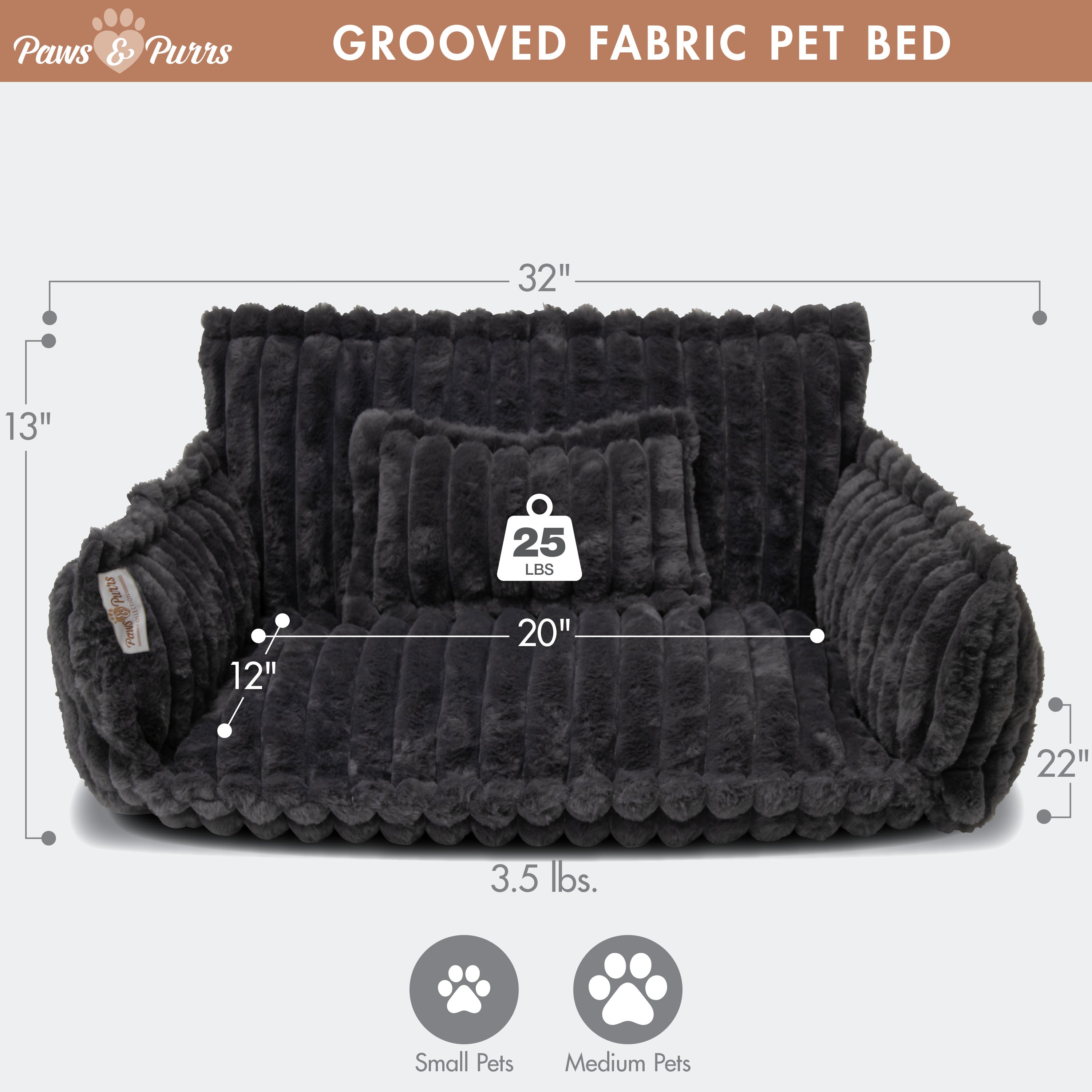 Pet Sofa Bed with Grooved Fabric for Cats and Small to Medium Dogs, Dark Gray 61053