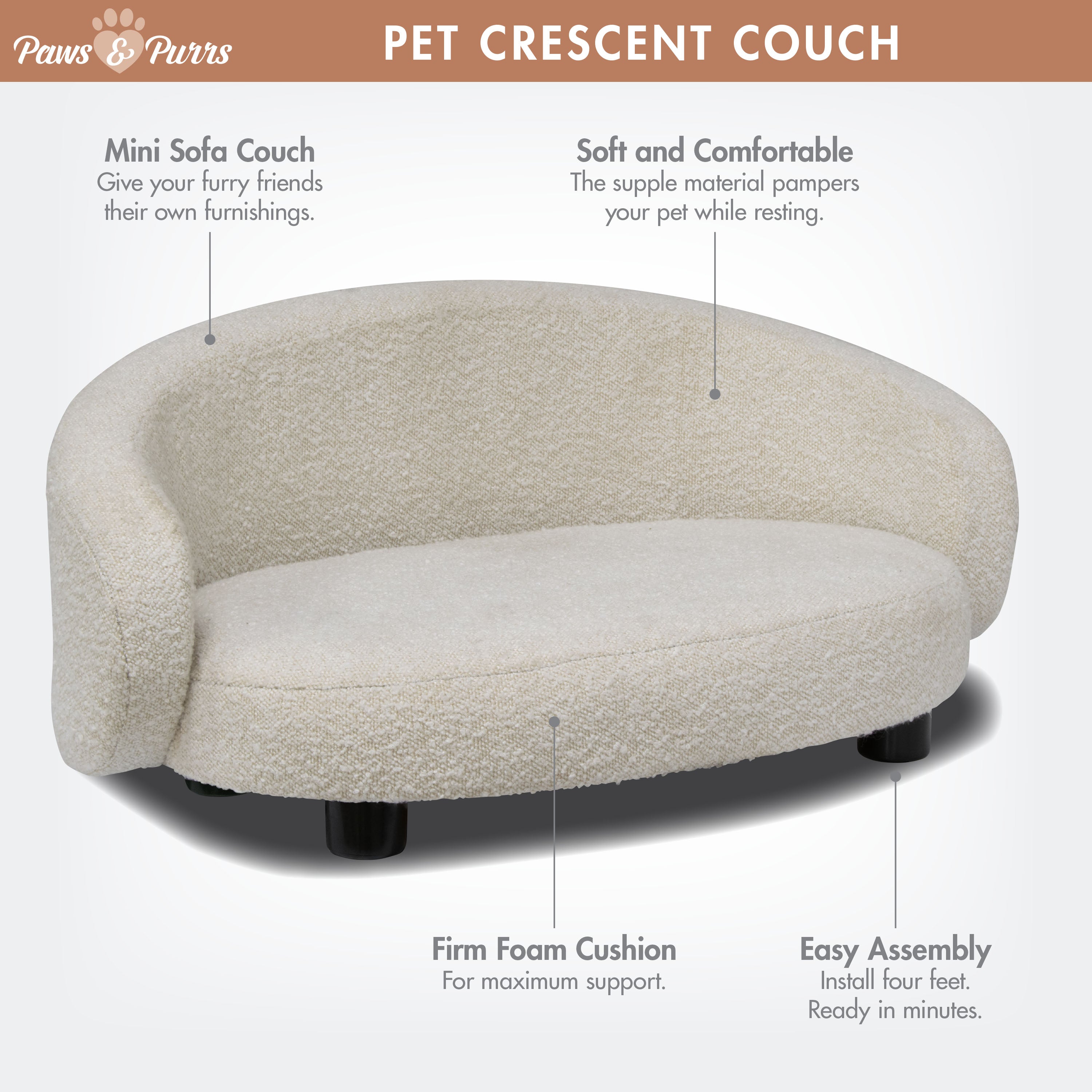 Pet Couch Crescent Shape for Small to Medium Pets, Bouclé Ivory 61058