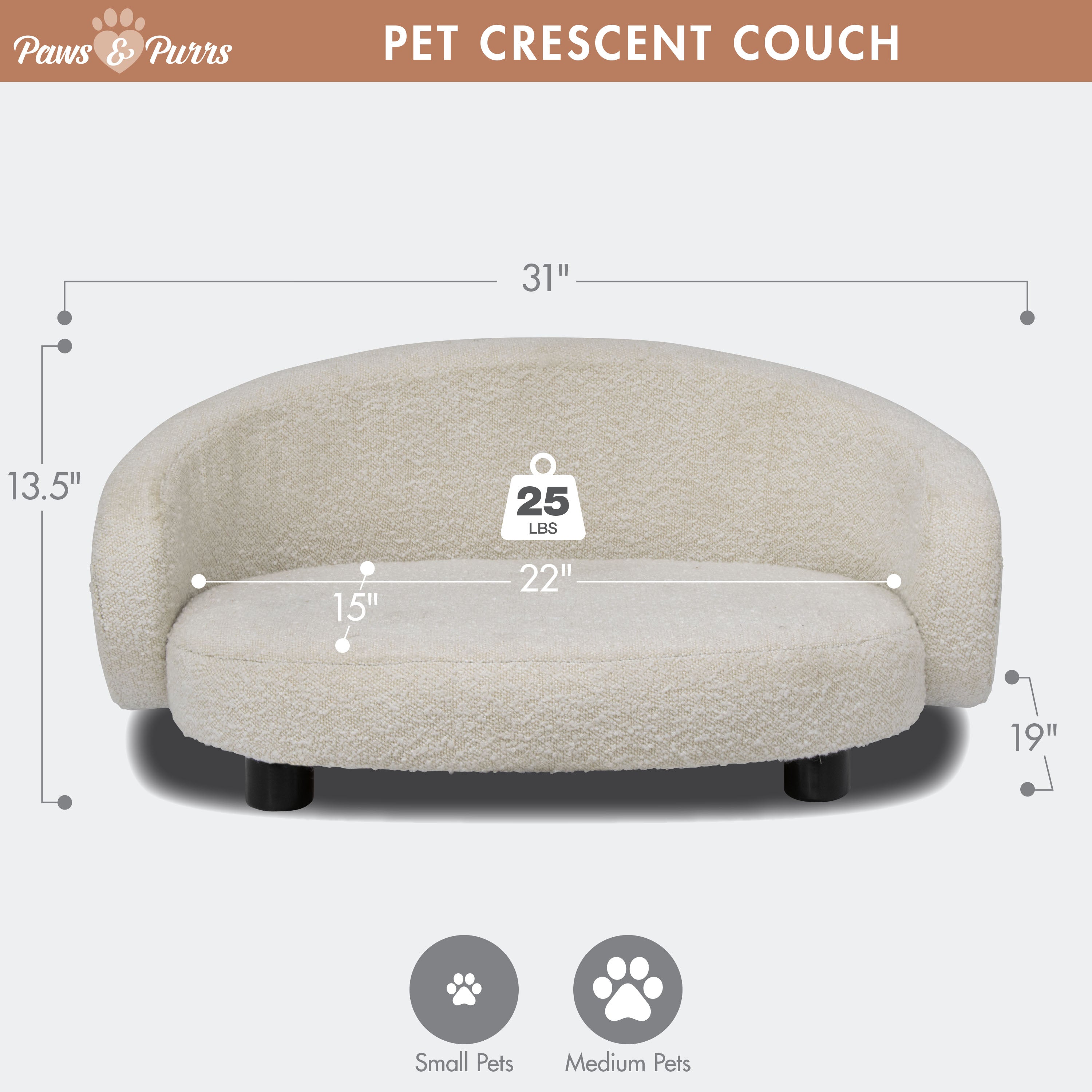 Pet Couch Crescent Shape for Small to Medium Pets, Bouclé Ivory 61058