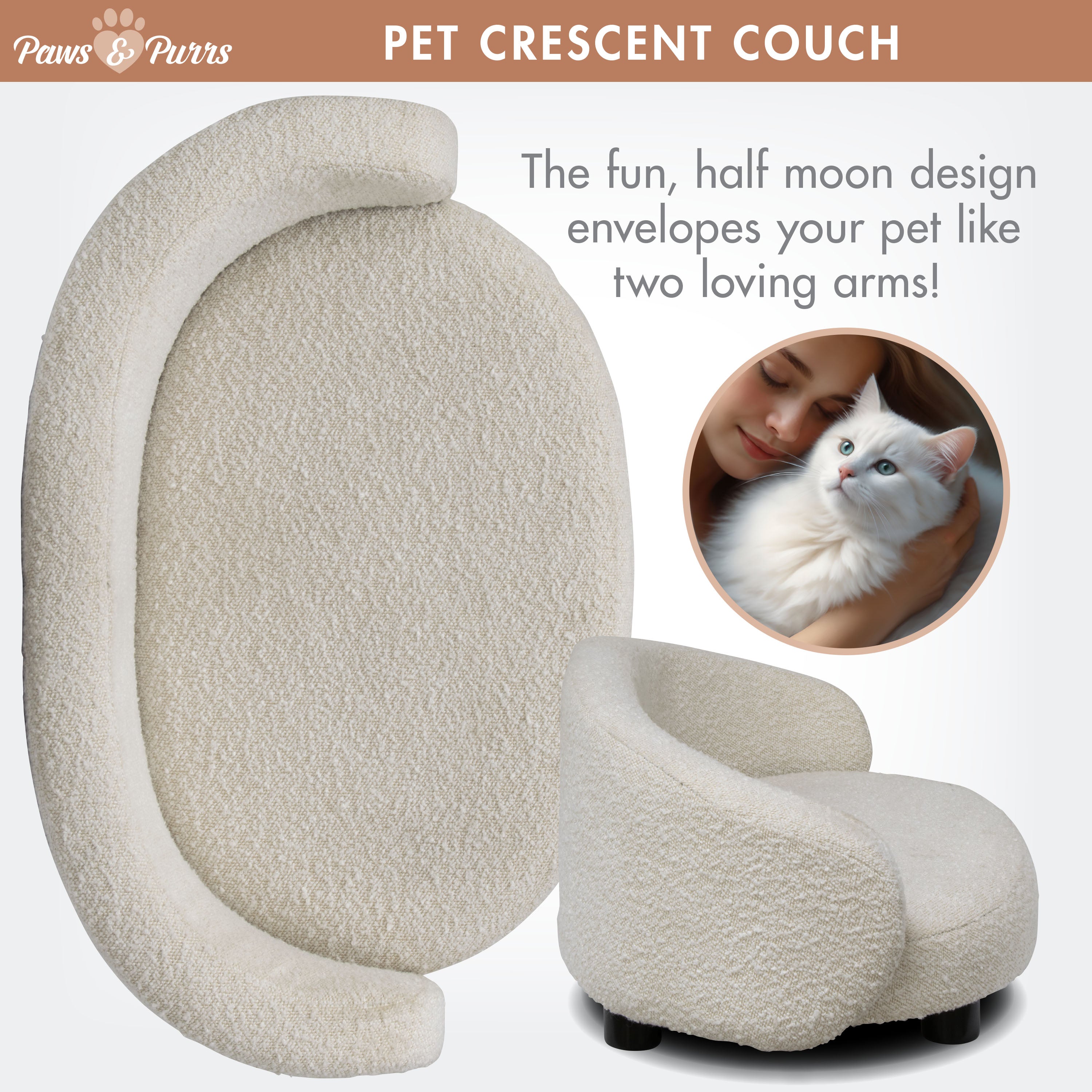 Pet Couch Crescent Shape for Small to Medium Pets, Bouclé Ivory 61058