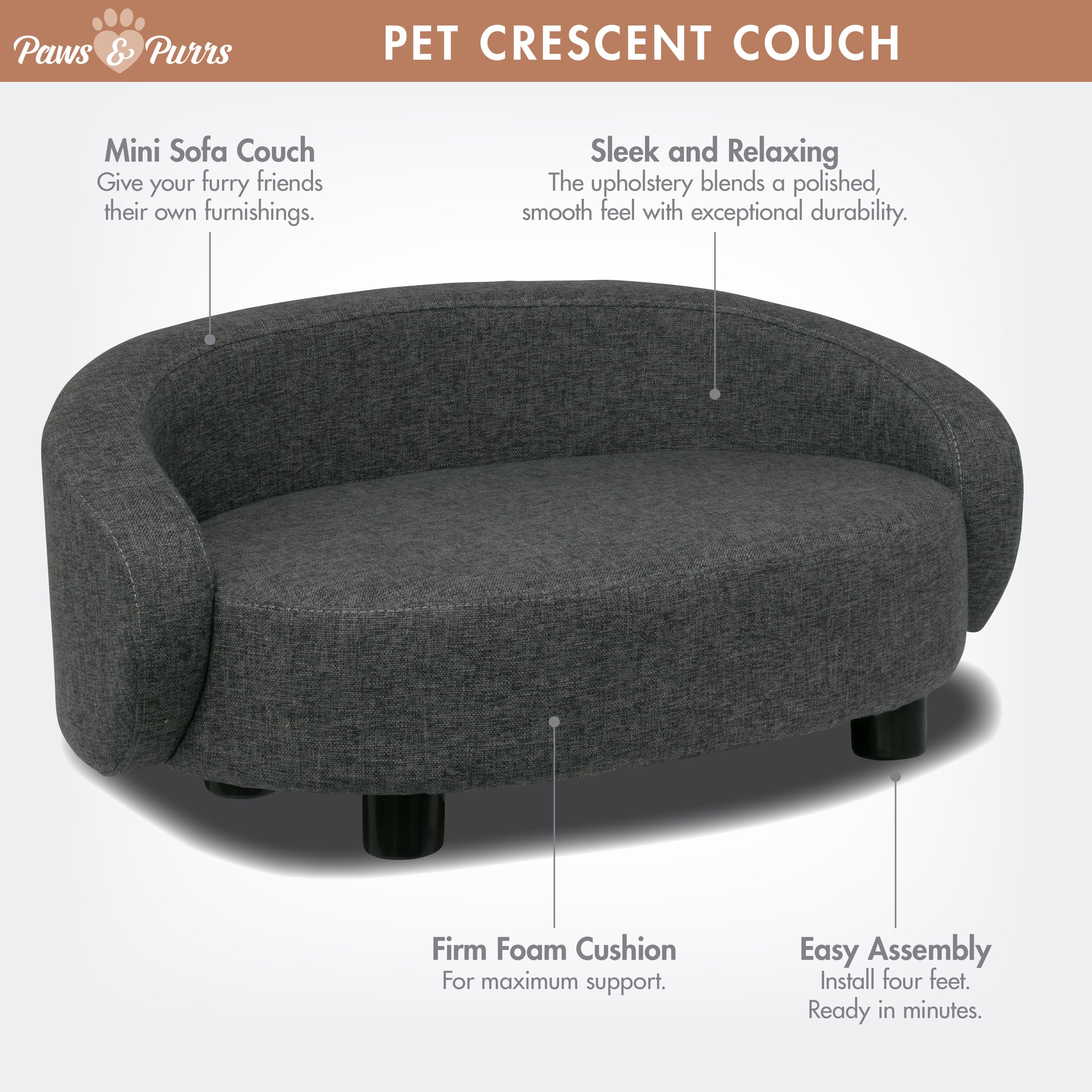 Pet Couch Crescent Shape for Small to Medium Pets, Dark Gray 61059