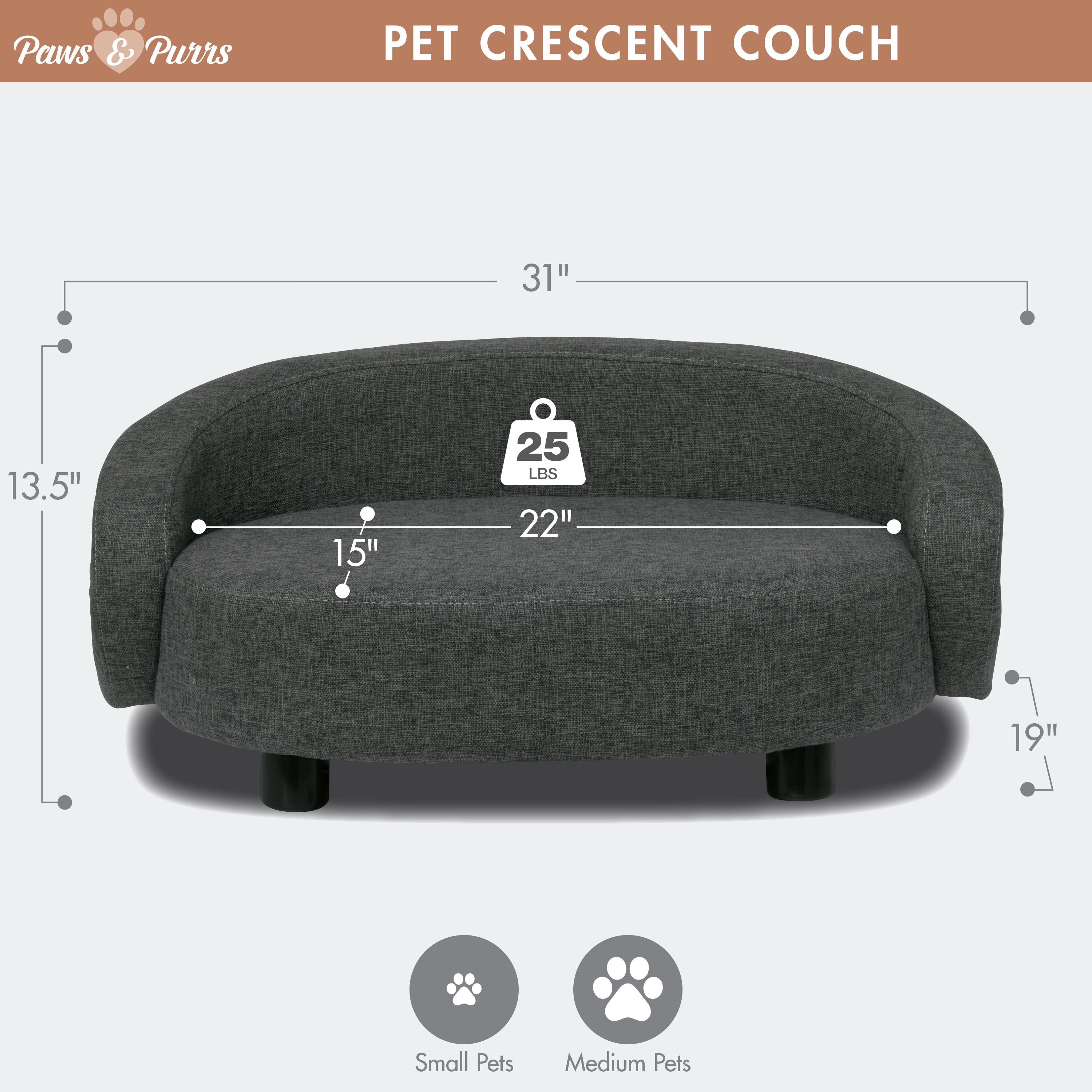 Pet Couch Crescent Shape for Small to Medium Pets, Dark Gray 61059
