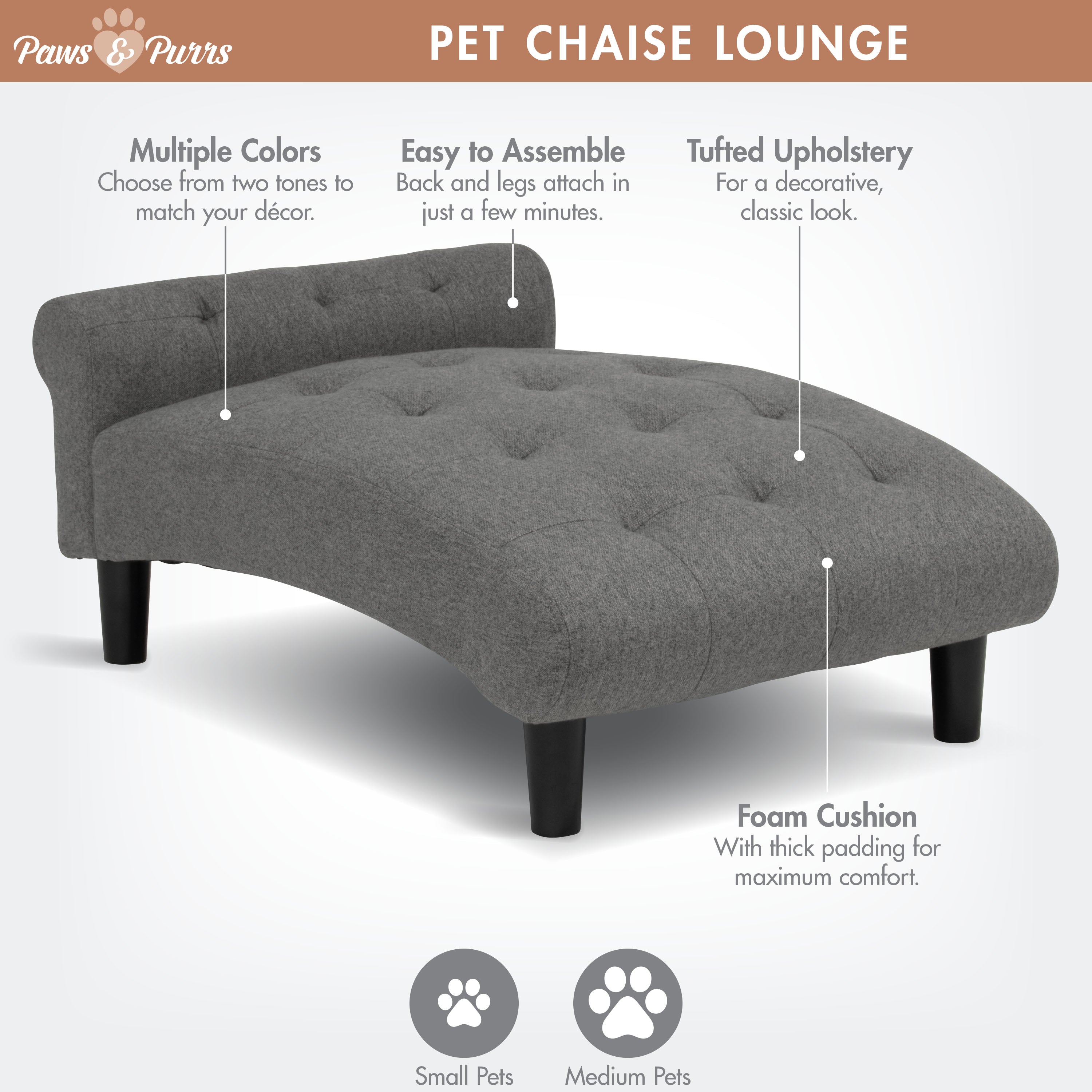 Pet Sofa Chaise Lounge for Small to Medium Cats and Dogs, Gray 61200