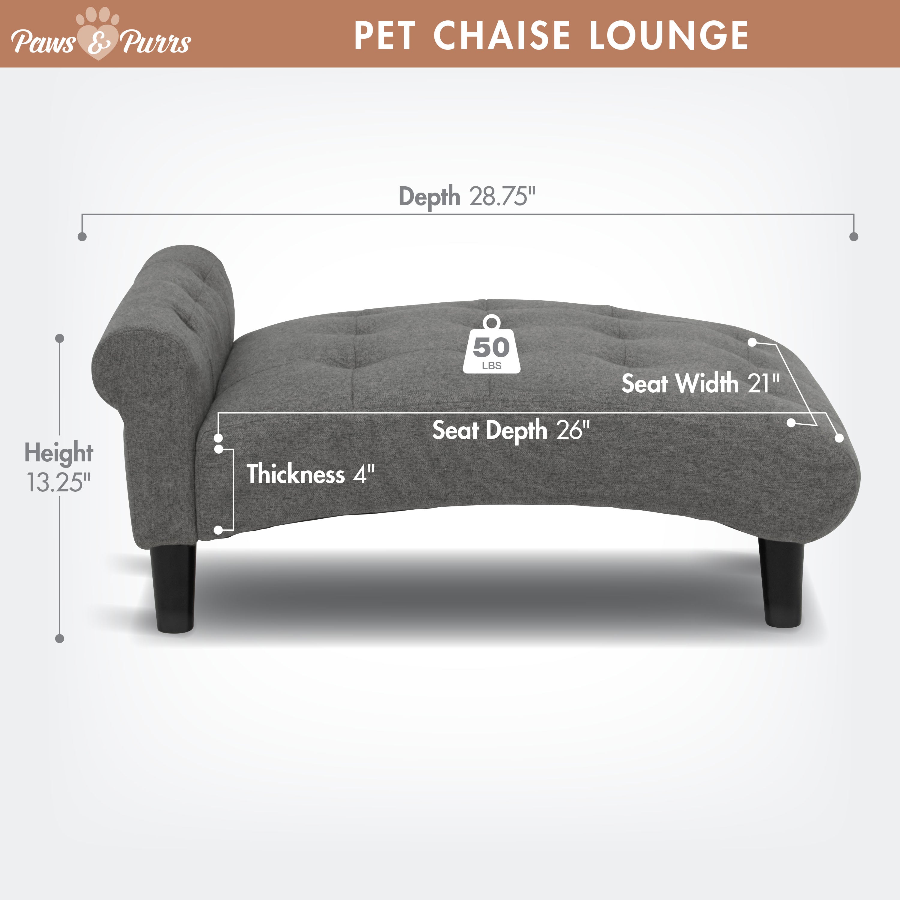 Pet Sofa Chaise Lounge for Small to Medium Cats and Dogs, Gray 61200