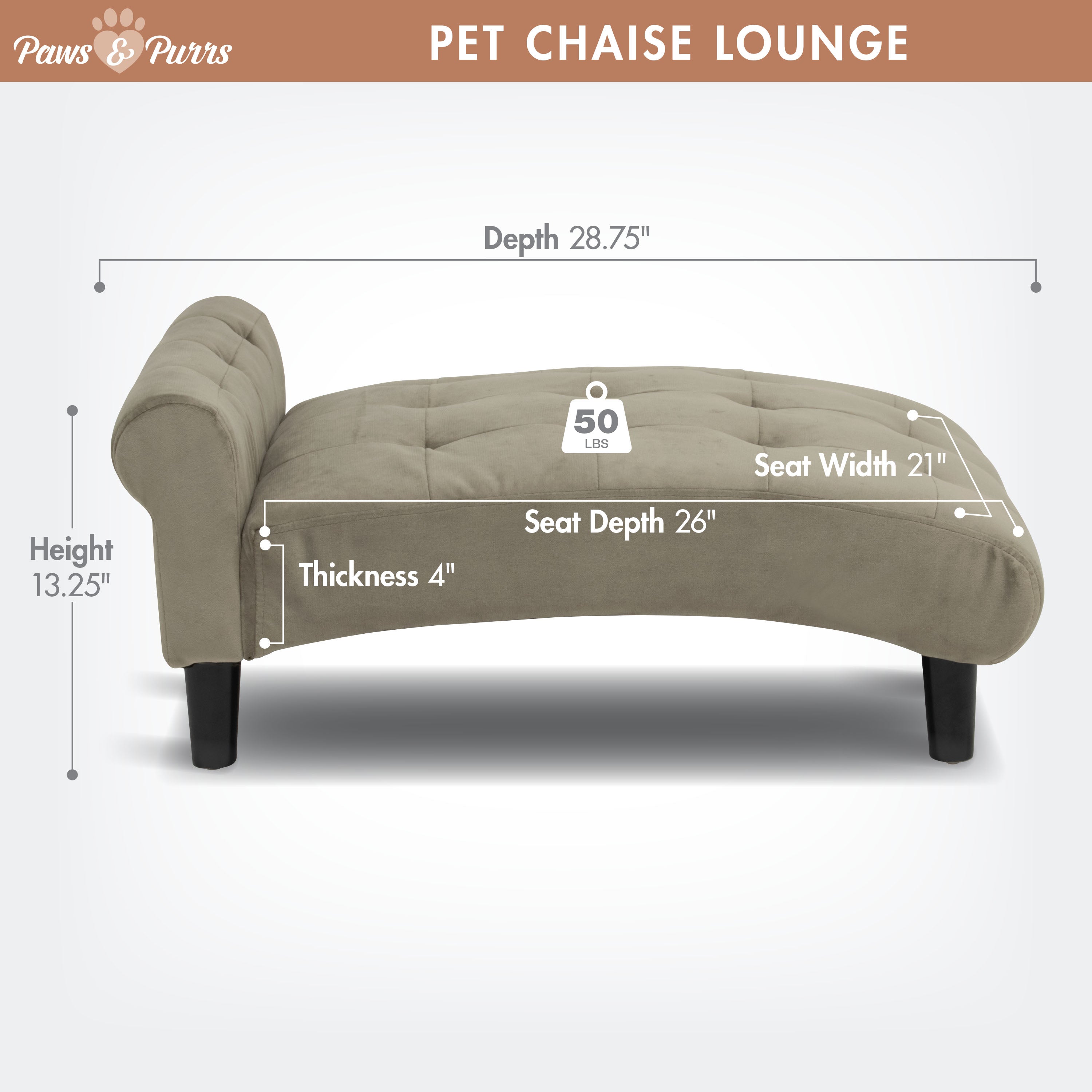 Pet Sofa Chaise Lounge for Small to Medium Cats and Dogs, Ash 61201