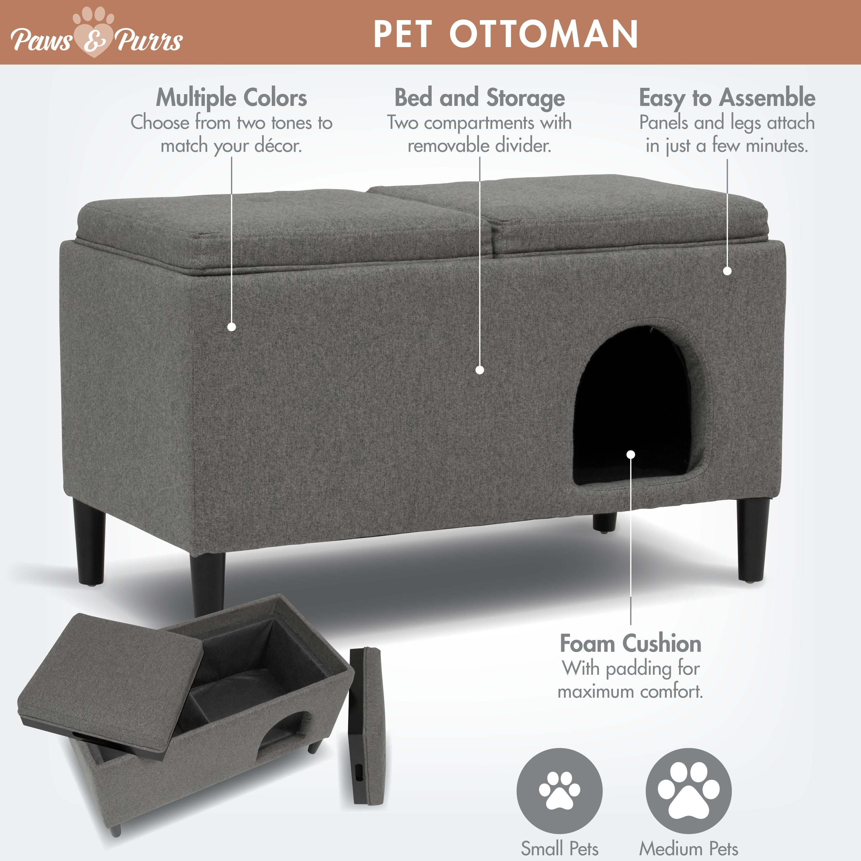 Pet Sofa Ottoman Dual-Purpose for Small to Medium Cats and Dogs, Gray 61210