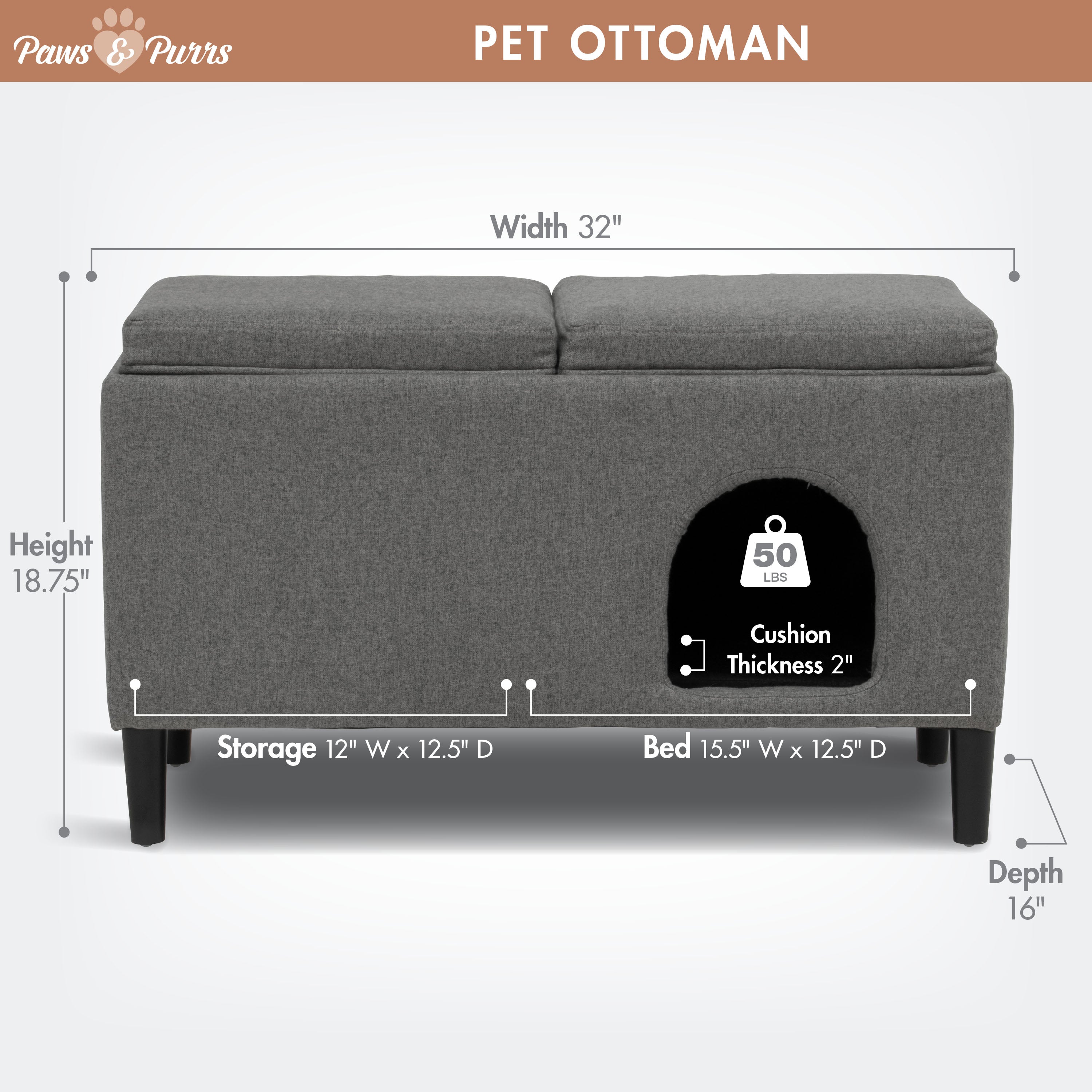 Pet Sofa Ottoman Dual-Purpose for Small to Medium Cats and Dogs, Gray 61210