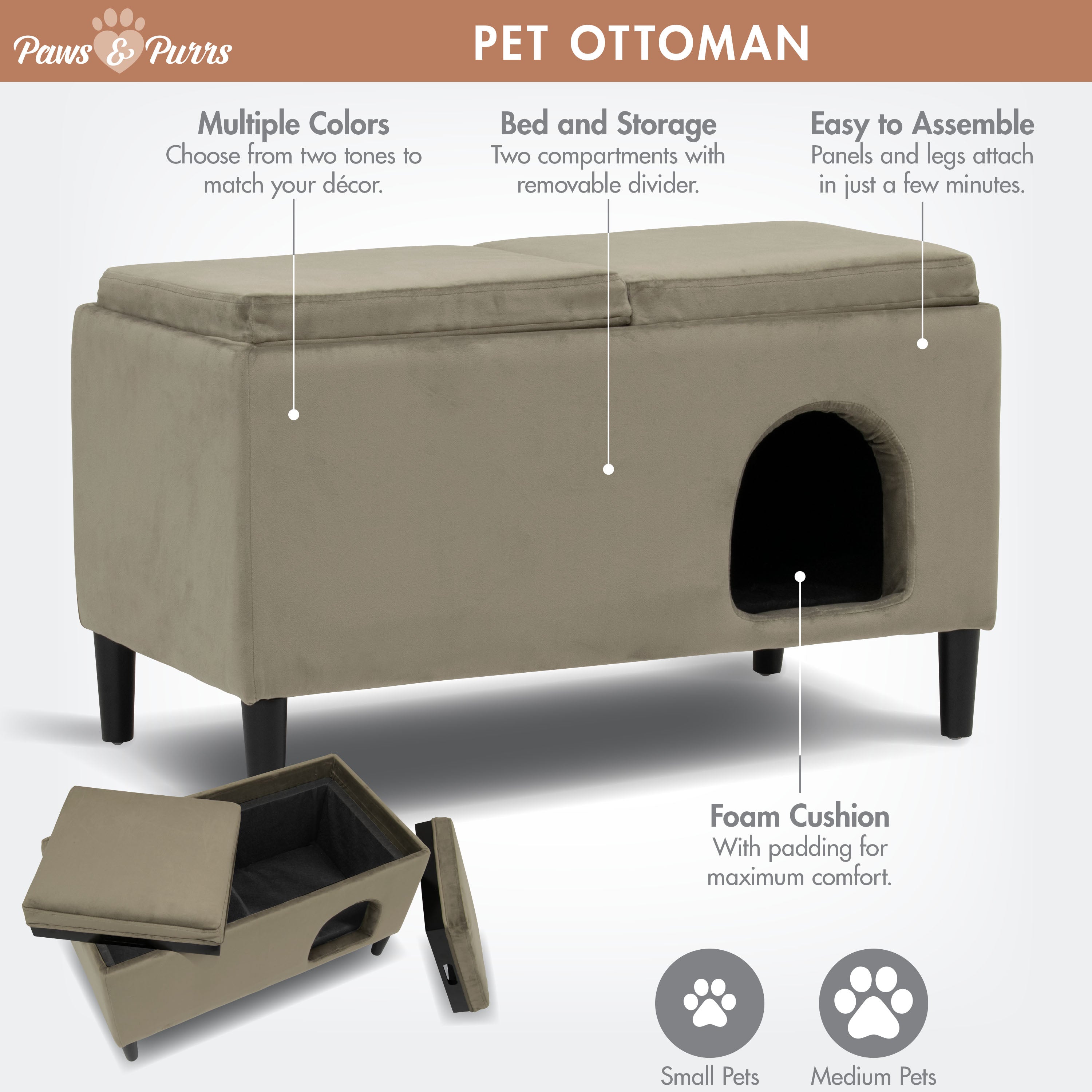 Pet Sofa Ottoman Dual-Purpose for Small to Medium Cats and Dogs, Ash 61211