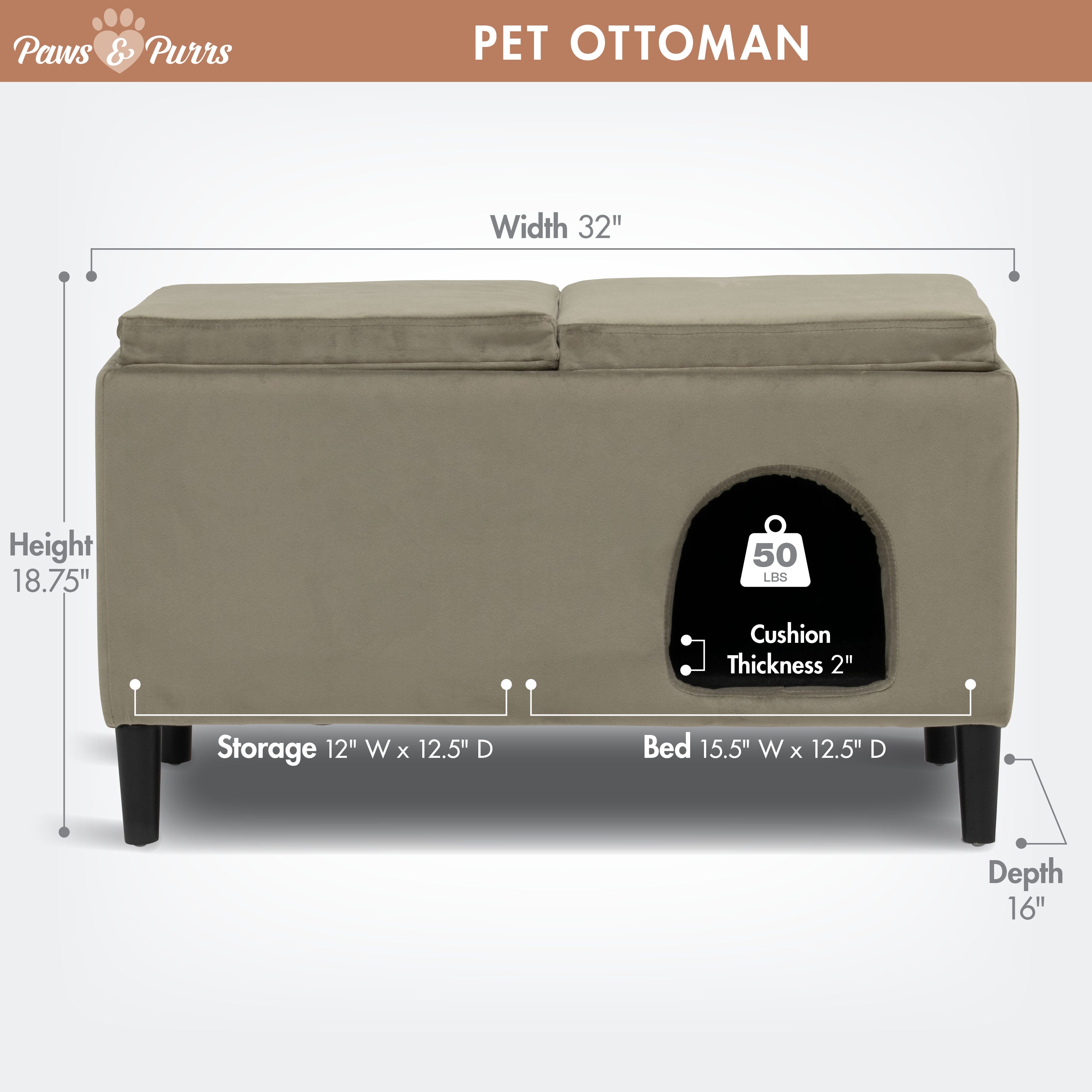 Pet Sofa Ottoman Dual-Purpose for Small to Medium Cats and Dogs, Ash 61211